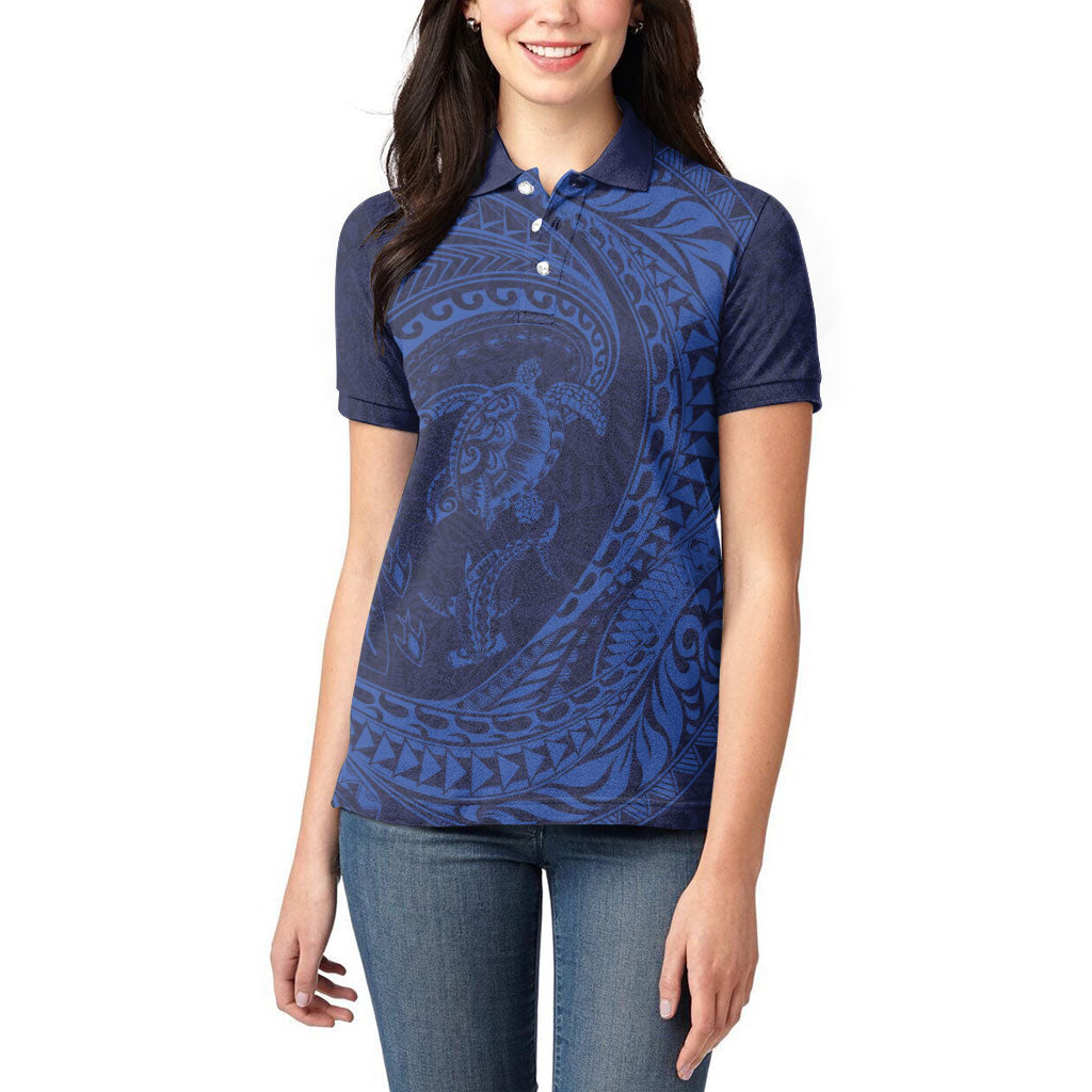 Hawaiian Turtle and Shark Women Polo Shirt Kakau Tribal with Polynesian Pattern Blue Color