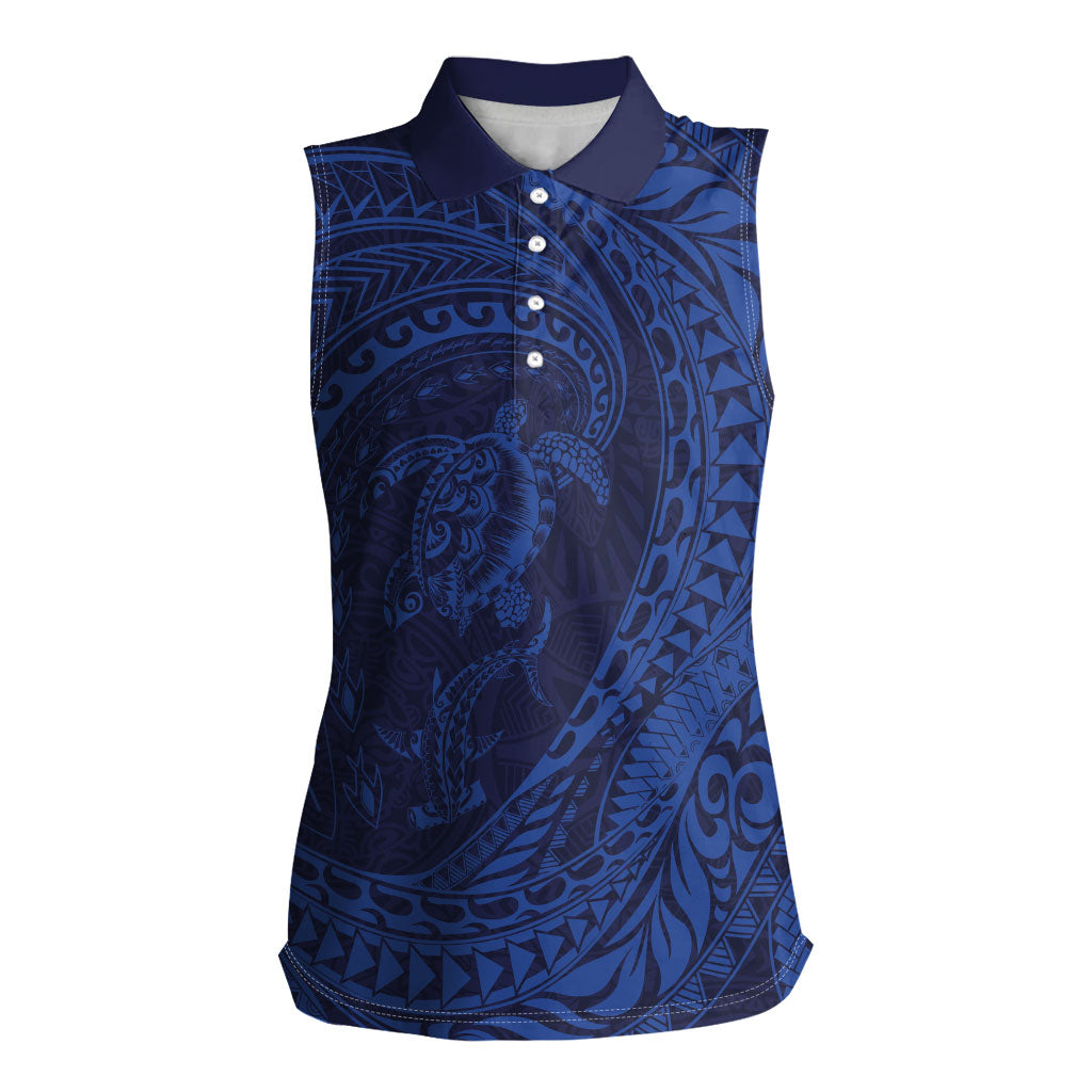 Hawaiian Turtle and Shark Women Sleeveless Polo Shirt Kakau Tribal with Polynesian Pattern Blue Color