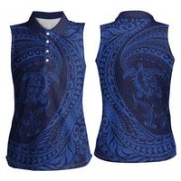 Hawaiian Turtle and Shark Women Sleeveless Polo Shirt Kakau Tribal with Polynesian Pattern Blue Color