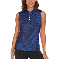 Hawaiian Turtle and Shark Women Sleeveless Polo Shirt Kakau Tribal with Polynesian Pattern Blue Color