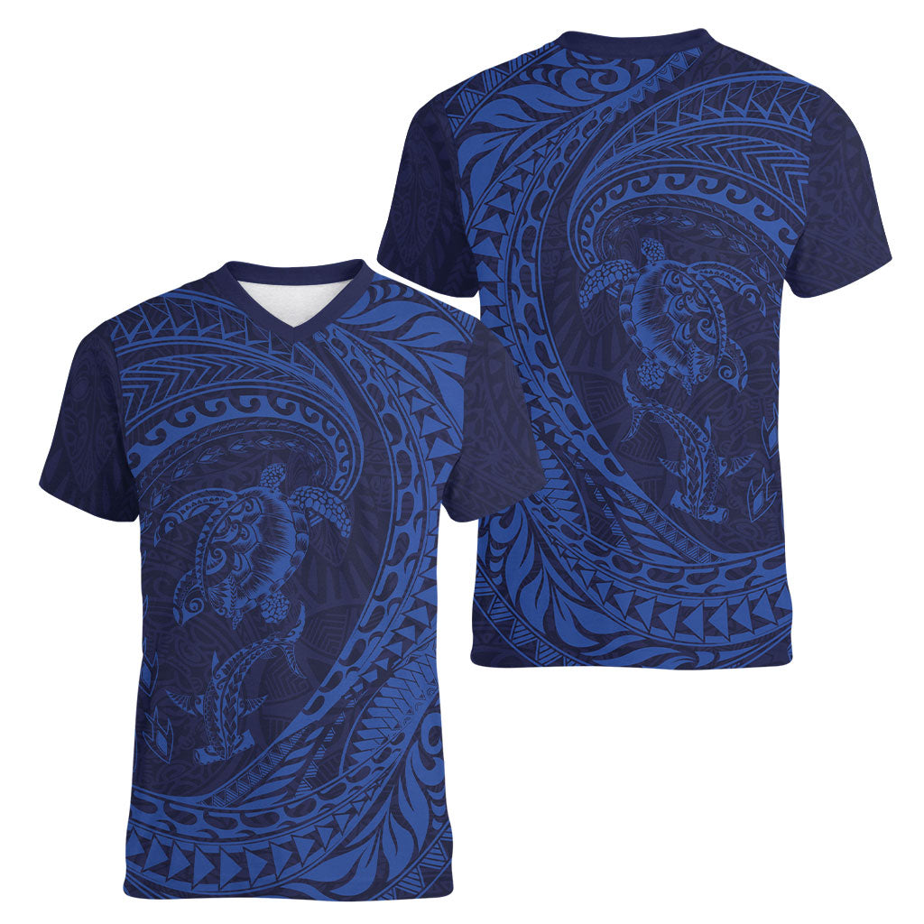 Hawaiian Turtle and Shark Women V-Neck T-Shirt Kakau Tribal with Polynesian Pattern Blue Color