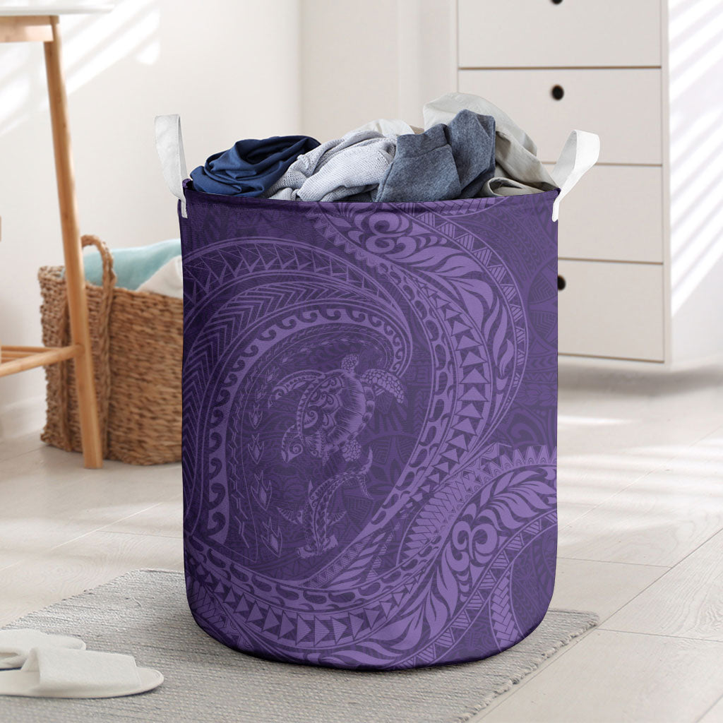 Hawaiian Turtle and Shark Laundry Basket Kakau Tribal with Polynesian Pattern Purple Color