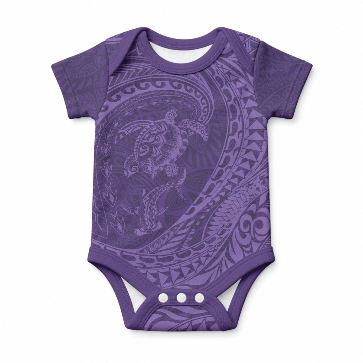 Hawaiian Turtle and Shark Baby Onesie Kakau Tribal with Polynesian Pattern Purple Color