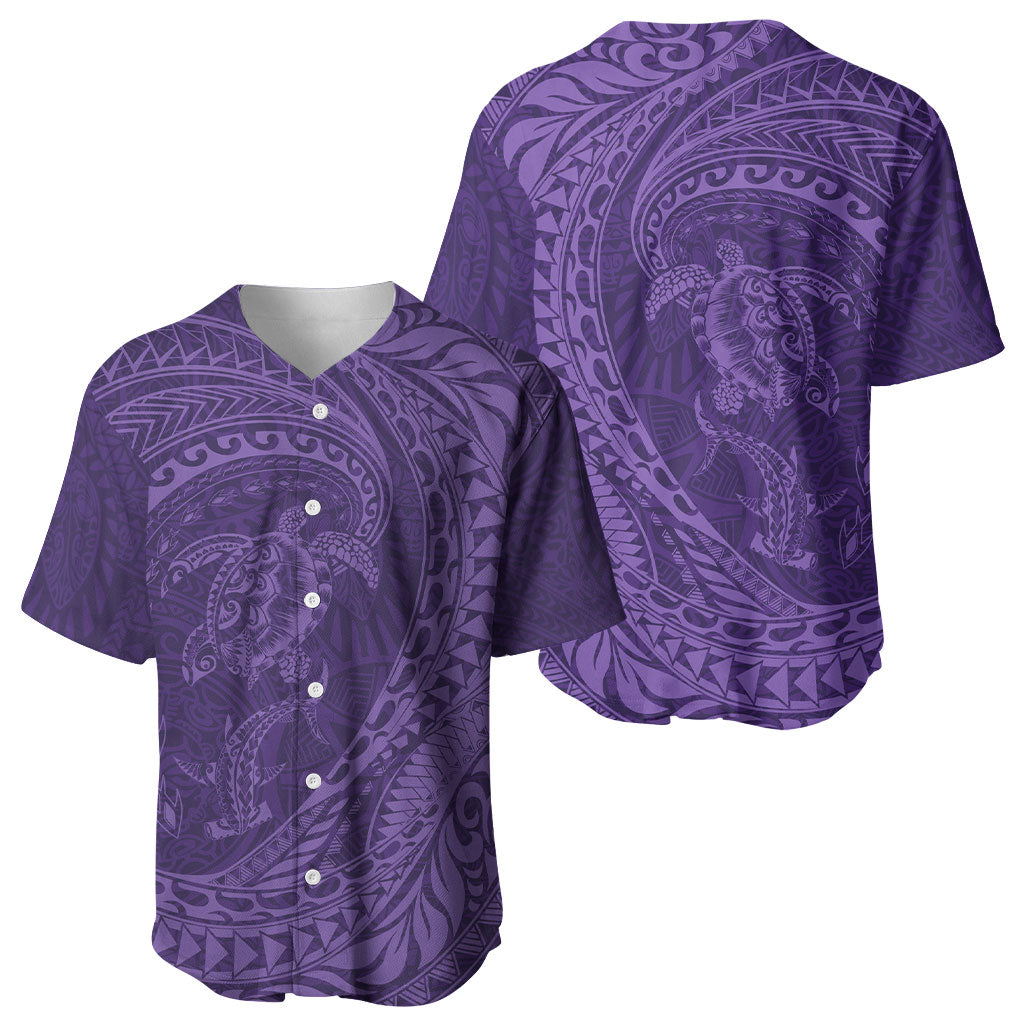 Hawaiian Turtle and Shark Baseball Jersey Kakau Tribal with Polynesian Pattern Purple Color