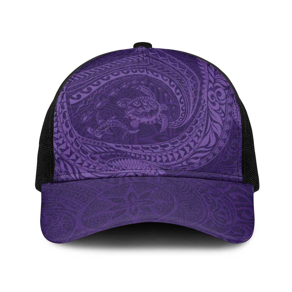 Hawaiian Turtle and Shark Baseball Net Cap Kakau Tribal with Polynesian Pattern Purple Color