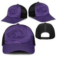Hawaiian Turtle and Shark Baseball Net Cap Kakau Tribal with Polynesian Pattern Purple Color