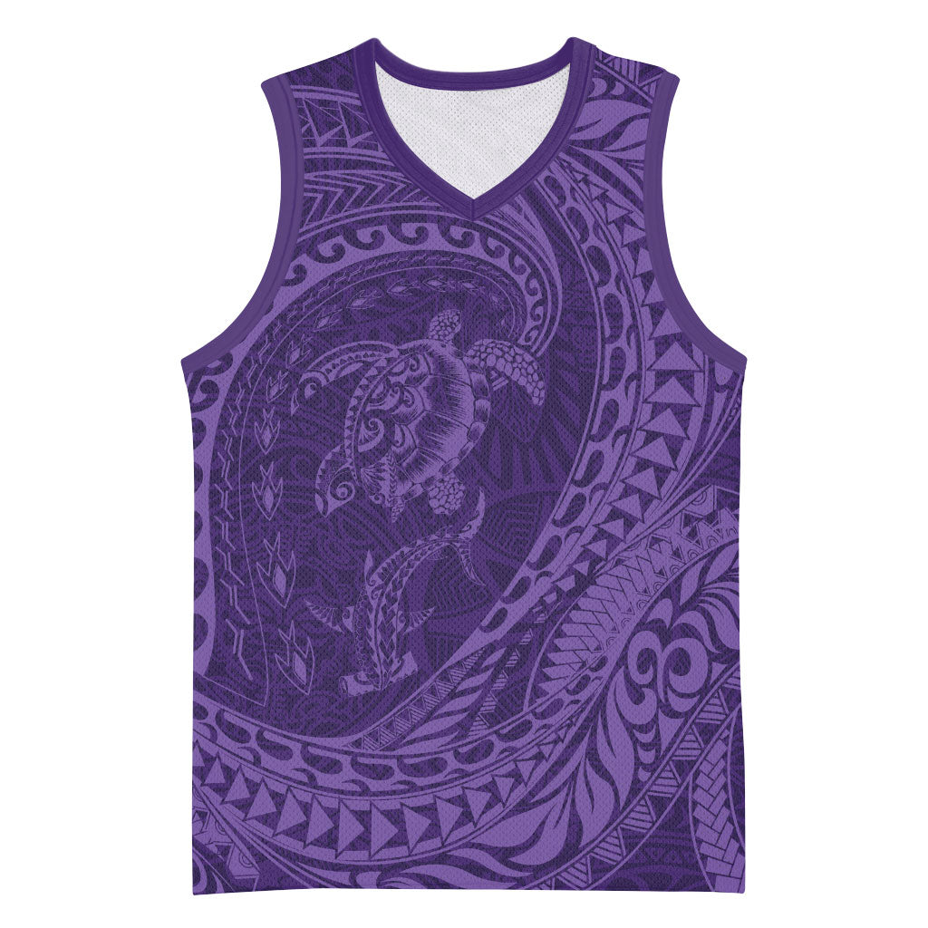 Hawaiian Turtle and Shark Basketball Jersey Kakau Tribal with Polynesian Pattern Purple Color LT03 Unisex Purple - Polynesian Pride