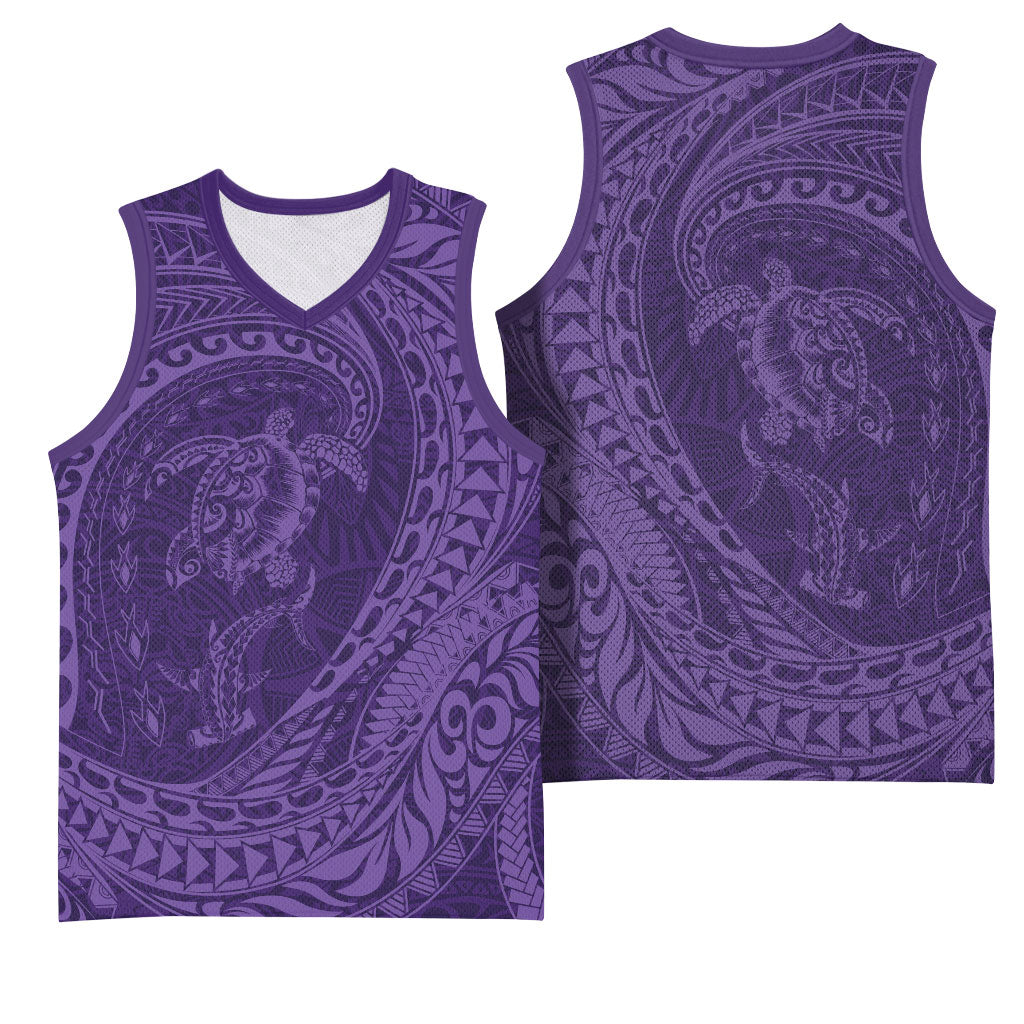 Hawaiian Turtle and Shark Basketball Jersey Kakau Tribal with Polynesian Pattern Purple Color LT03 - Polynesian Pride