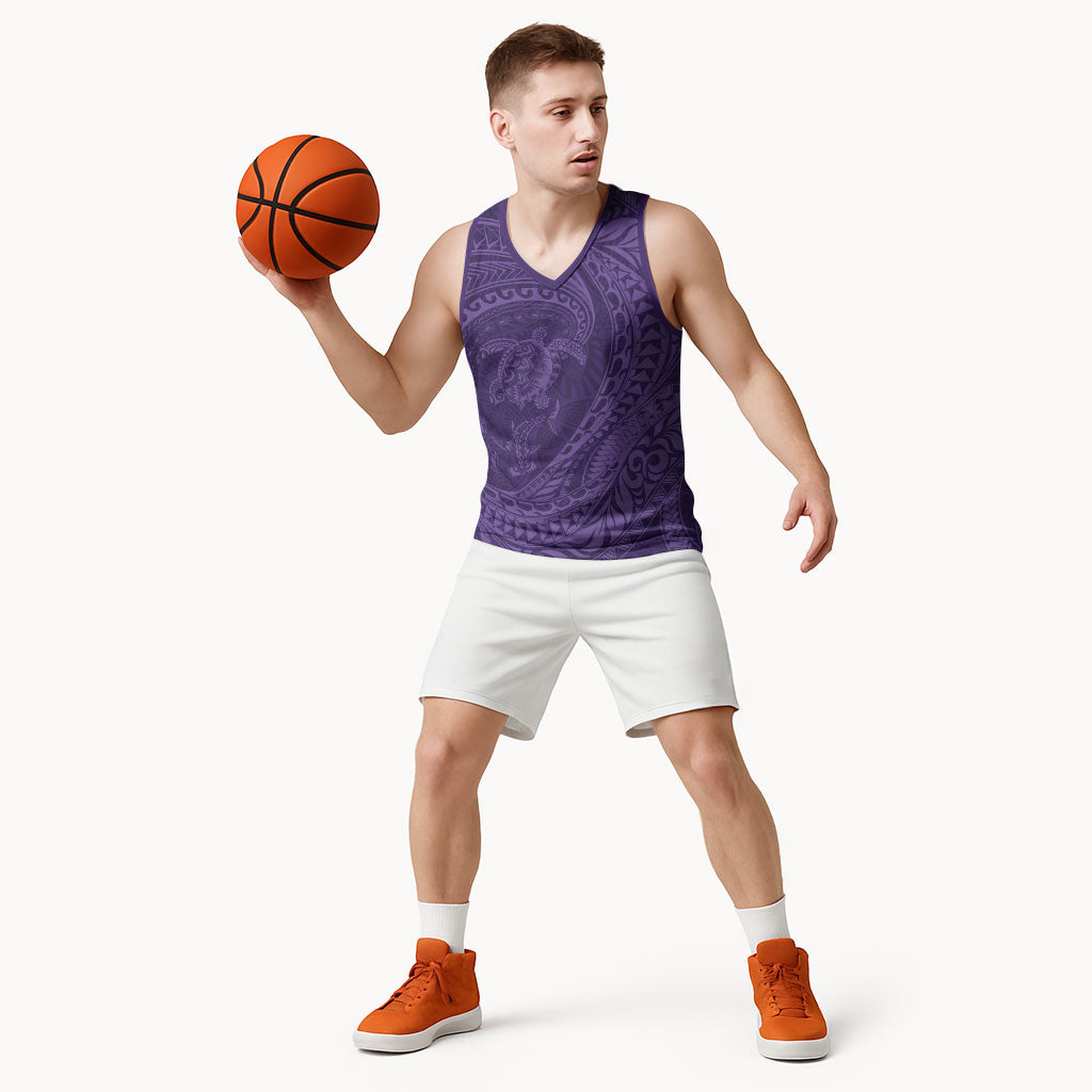 Hawaiian Turtle and Shark Basketball Jersey Kakau Tribal with Polynesian Pattern Purple Color LT03 - Polynesian Pride