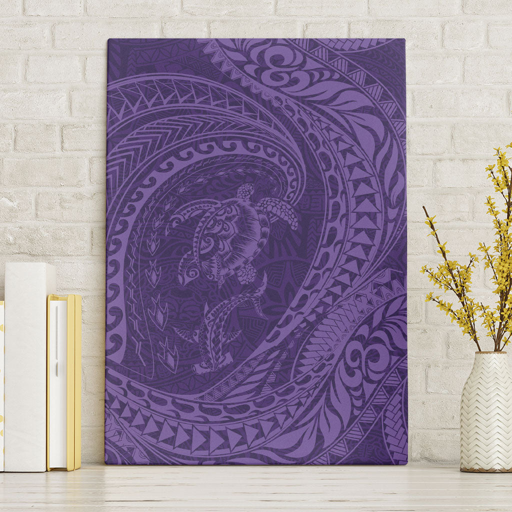 Hawaiian Turtle and Shark Canvas Wall Art Kakau Tribal with Polynesian Pattern Purple Color