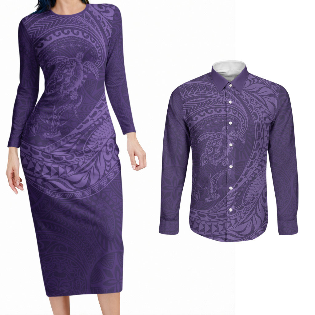 Hawaiian Turtle and Shark Couples Matching Long Sleeve Bodycon Dress and Long Sleeve Button Shirt Kakau Tribal with Polynesian Pattern Purple Color