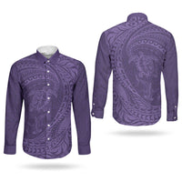 Hawaiian Turtle and Shark Couples Matching Long Sleeve Bodycon Dress and Long Sleeve Button Shirt Kakau Tribal with Polynesian Pattern Purple Color
