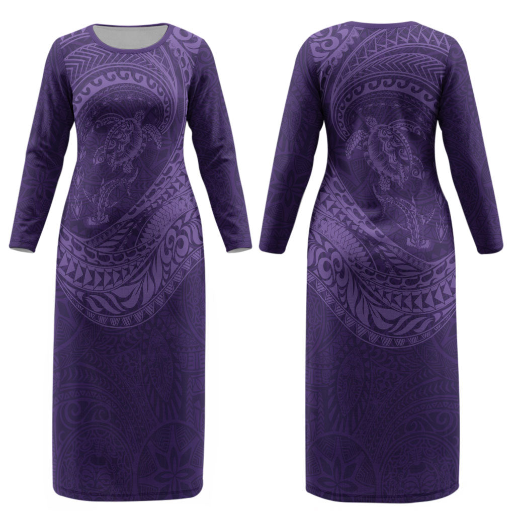 Hawaiian Turtle and Shark Couples Matching Long Sleeve Bodycon Dress and Long Sleeve Button Shirt Kakau Tribal with Polynesian Pattern Purple Color