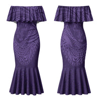 Hawaiian Turtle and Shark Couples Matching Mermaid Dress and Hawaiian Shirt Kakau Tribal with Polynesian Pattern Purple Color LT03 - Polynesian Pride