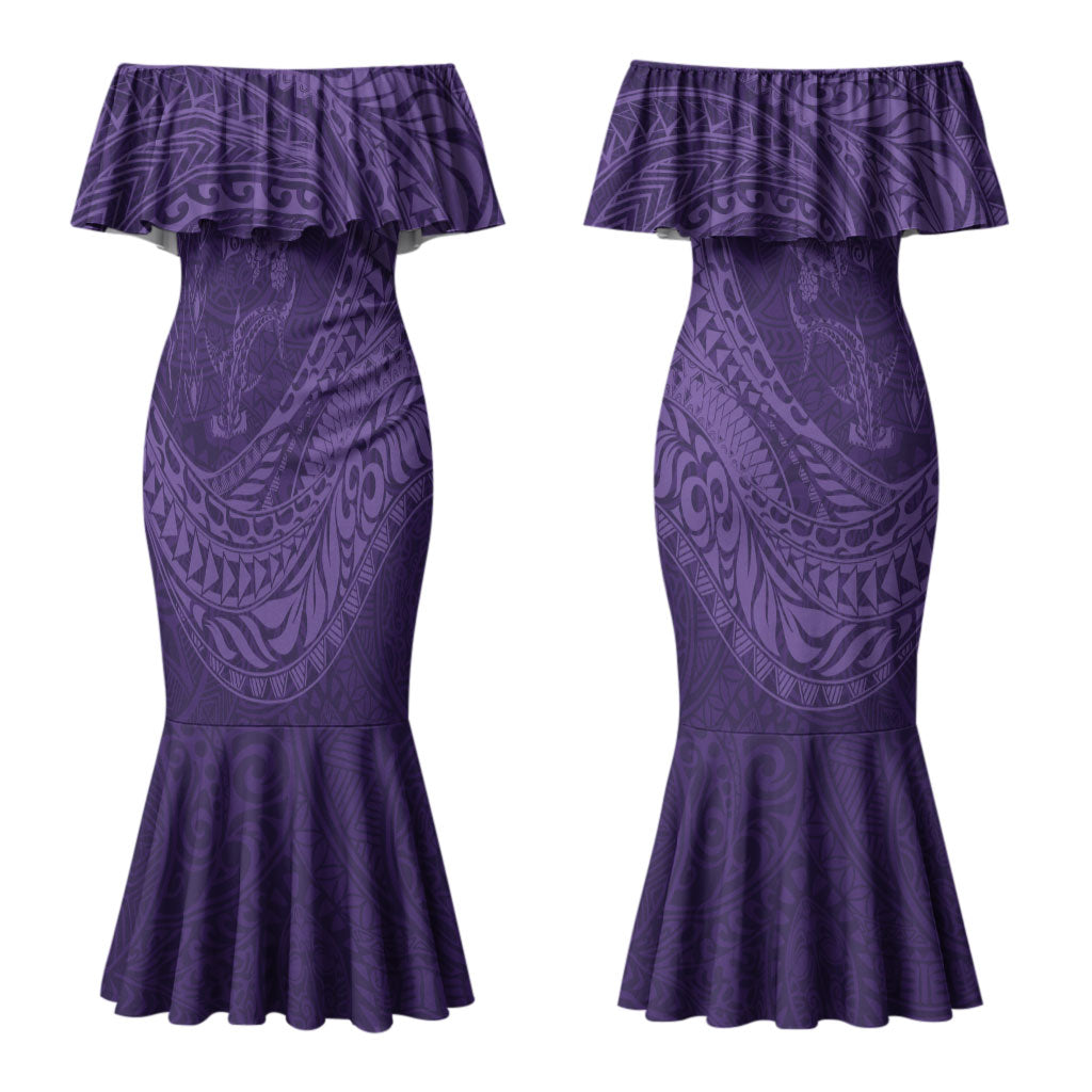 Hawaiian Turtle and Shark Couples Matching Mermaid Dress and Long Sleeve Button Shirt Kakau Tribal with Polynesian Pattern Purple Color