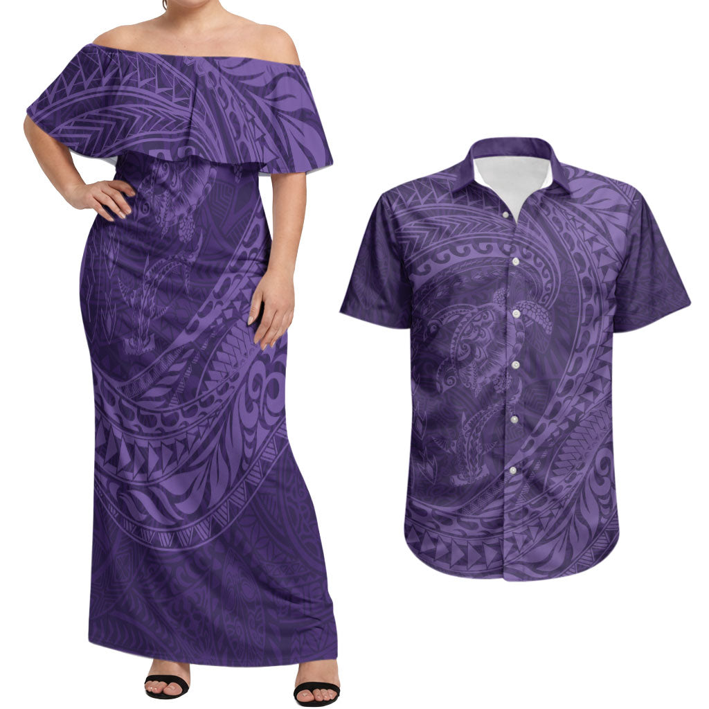Hawaiian Turtle and Shark Couples Matching Off Shoulder Maxi Dress and Hawaiian Shirt Kakau Tribal with Polynesian Pattern Purple Color