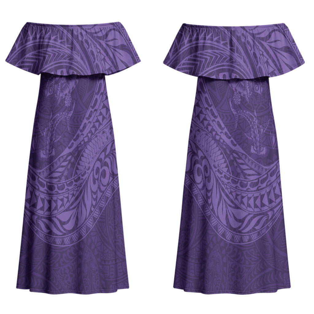 Hawaiian Turtle and Shark Couples Matching Off Shoulder Maxi Dress and Long Sleeve Button Shirt Kakau Tribal with Polynesian Pattern Purple Color