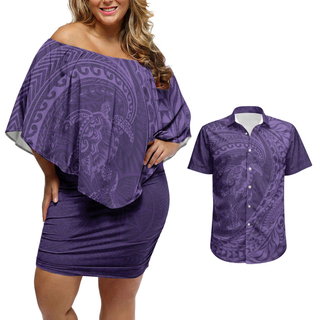 Hawaiian Turtle and Shark Couples Matching Off Shoulder Short Dress and Hawaiian Shirt Kakau Tribal with Polynesian Pattern Purple Color