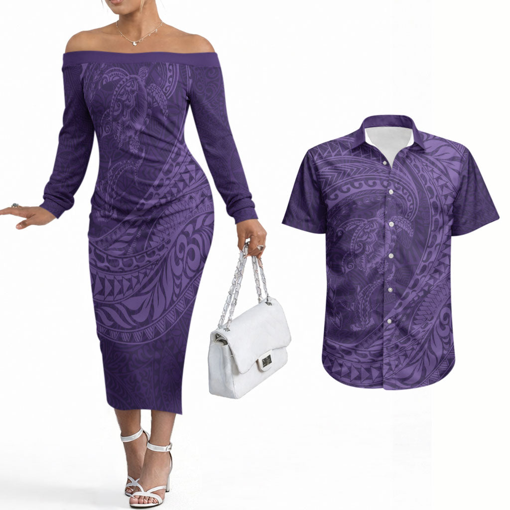 Hawaiian Turtle and Shark Couples Matching Off The Shoulder Long Sleeve Dress and Hawaiian Shirt Kakau Tribal with Polynesian Pattern Purple Color