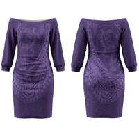 Hawaiian Turtle and Shark Couples Matching Off The Shoulder Long Sleeve Dress and Hawaiian Shirt Kakau Tribal with Polynesian Pattern Purple Color