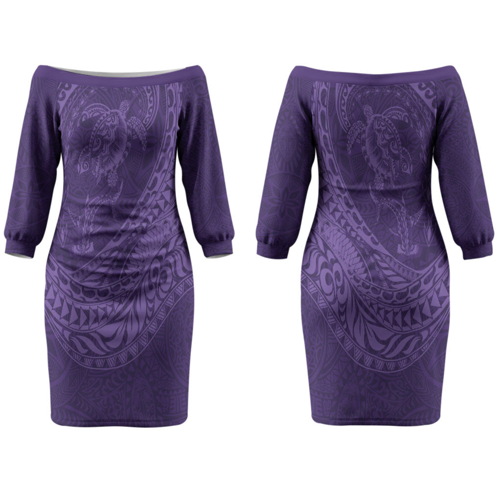 Hawaiian Turtle and Shark Couples Matching Off The Shoulder Long Sleeve Dress and Long Sleeve Button Shirt Kakau Tribal with Polynesian Pattern Purple Color