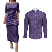 Hawaiian Turtle and Shark Couples Matching Puletasi and Long Sleeve Button Shirt Kakau Tribal with Polynesian Pattern Purple Color