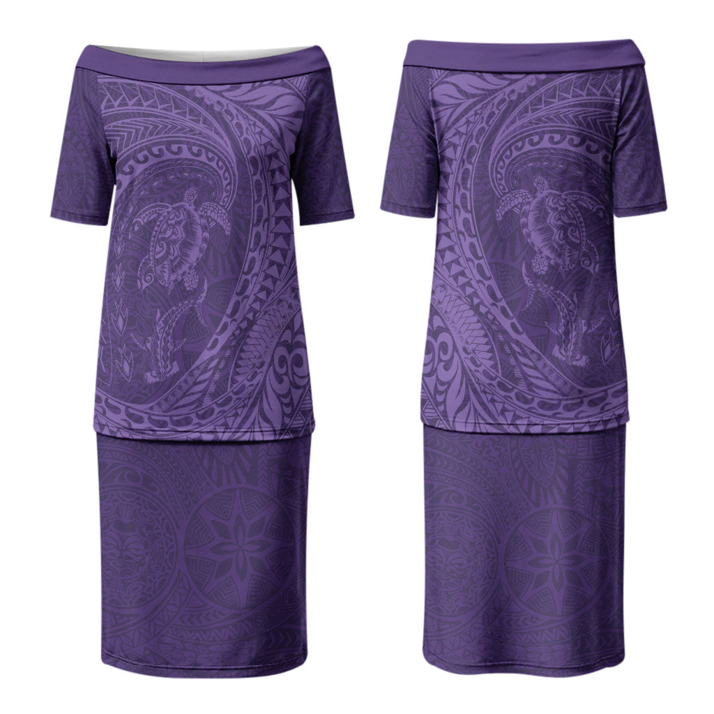 Hawaiian Turtle and Shark Couples Matching Puletasi and Long Sleeve Button Shirt Kakau Tribal with Polynesian Pattern Purple Color