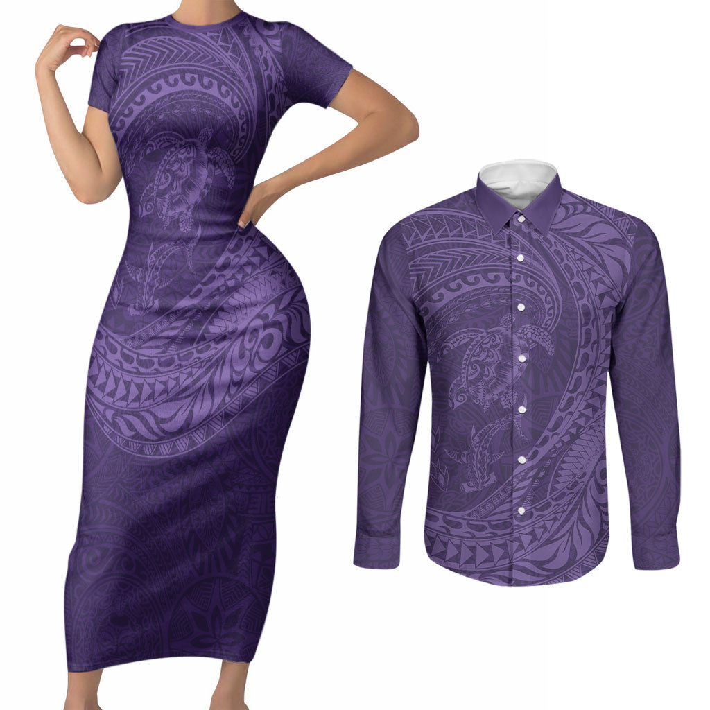 Hawaiian Turtle and Shark Couples Matching Short Sleeve Bodycon Dress and Long Sleeve Button Shirt Kakau Tribal with Polynesian Pattern Purple Color LT03 Purple - Polynesian Pride