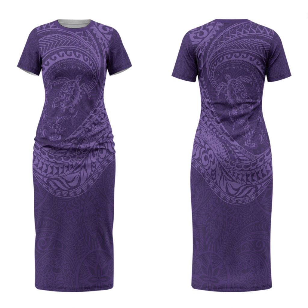 Hawaiian Turtle and Shark Couples Matching Short Sleeve Bodycon Dress and Long Sleeve Button Shirt Kakau Tribal with Polynesian Pattern Purple Color