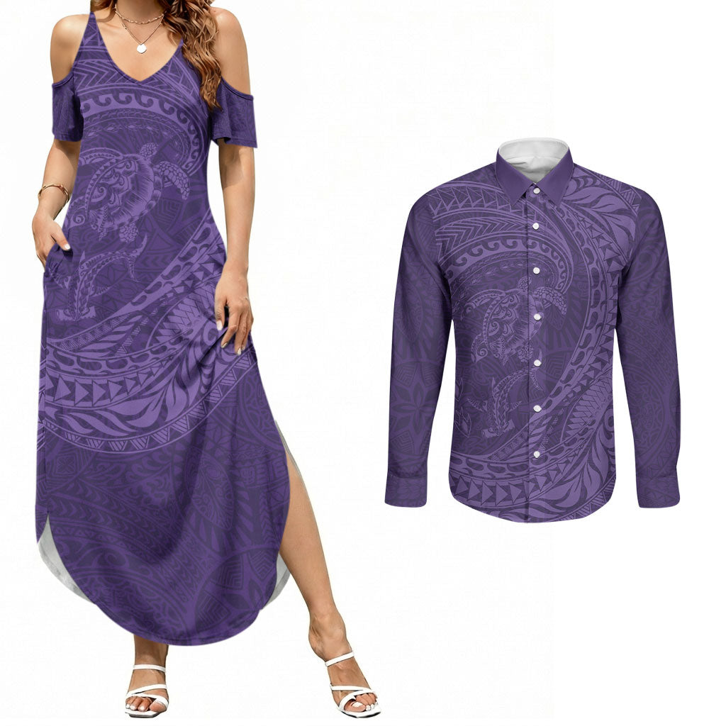Hawaiian Turtle and Shark Couples Matching Summer Maxi Dress and Long Sleeve Button Shirt Kakau Tribal with Polynesian Pattern Purple Color