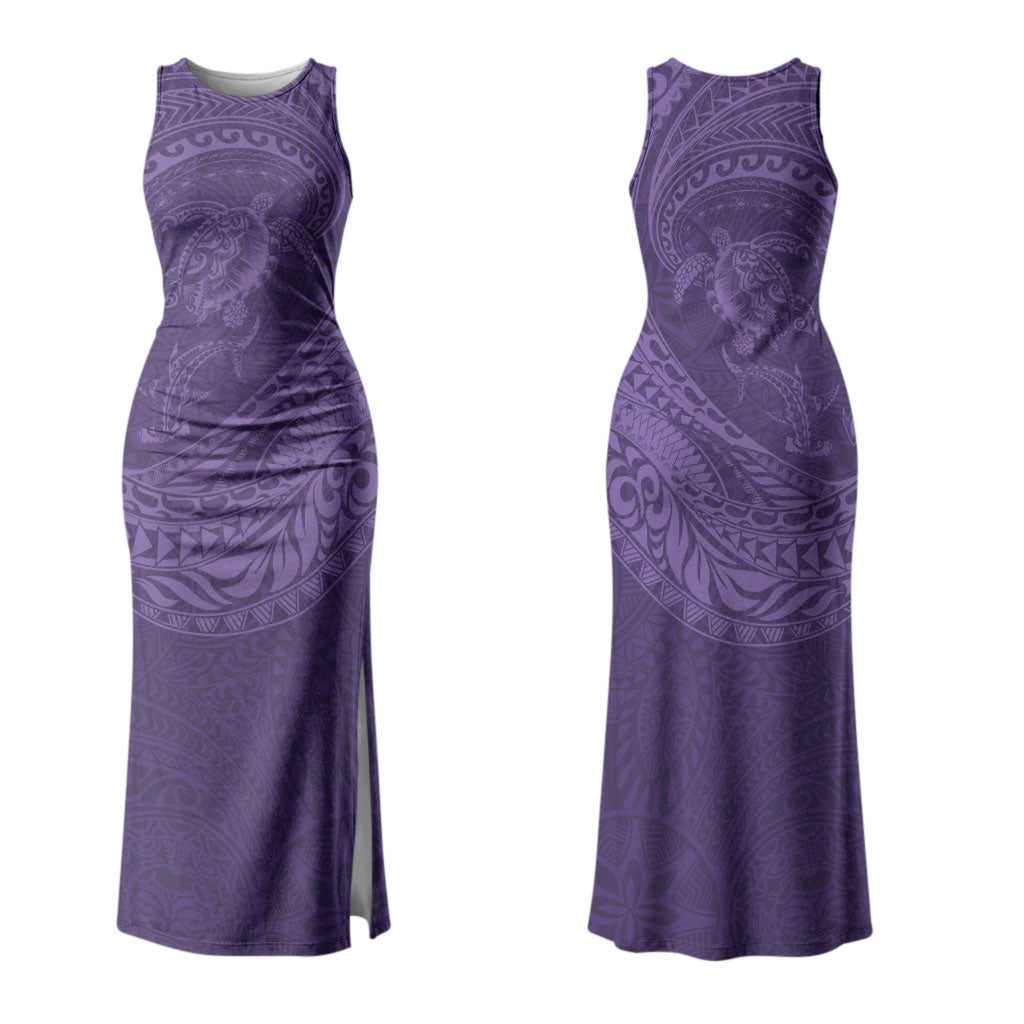 Hawaiian Turtle and Shark Couples Matching Tank Maxi Dress and Hawaiian Shirt Kakau Tribal with Polynesian Pattern Purple Color