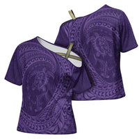 Hawaiian Turtle and Shark Cross Shoulder Shirt Kakau Tribal with Polynesian Pattern Purple Color