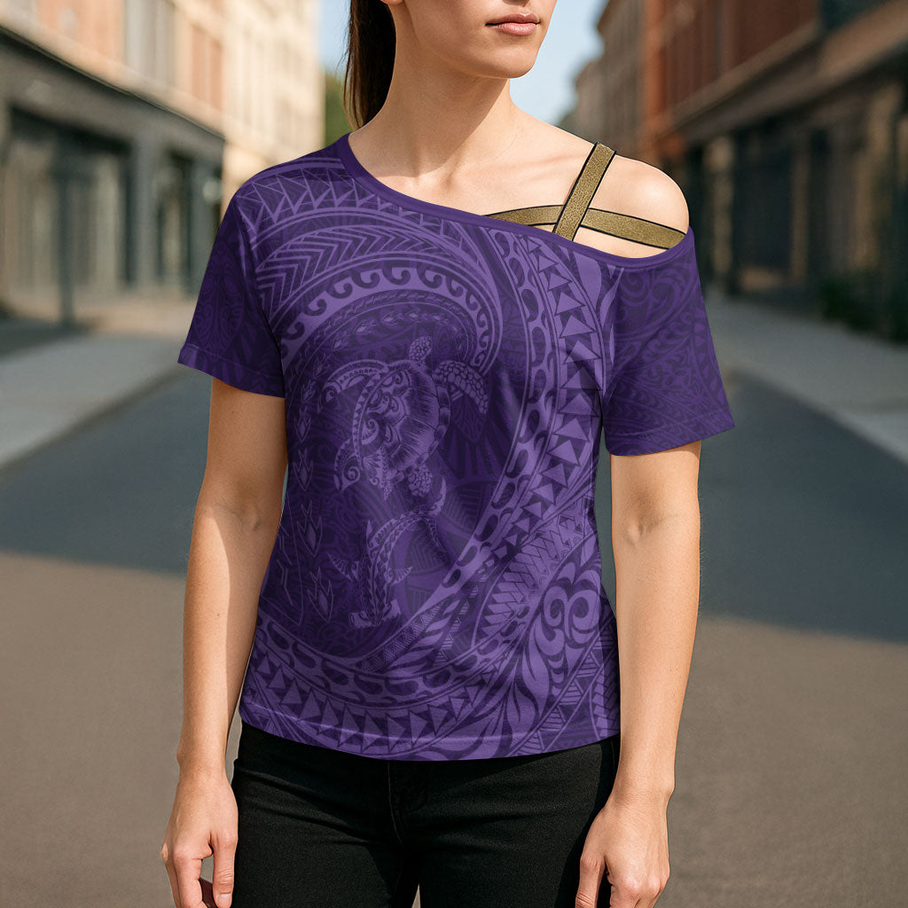Hawaiian Turtle and Shark Cross Shoulder Shirt Kakau Tribal with Polynesian Pattern Purple Color