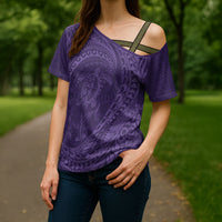 Hawaiian Turtle and Shark Cross Shoulder Shirt Kakau Tribal with Polynesian Pattern Purple Color