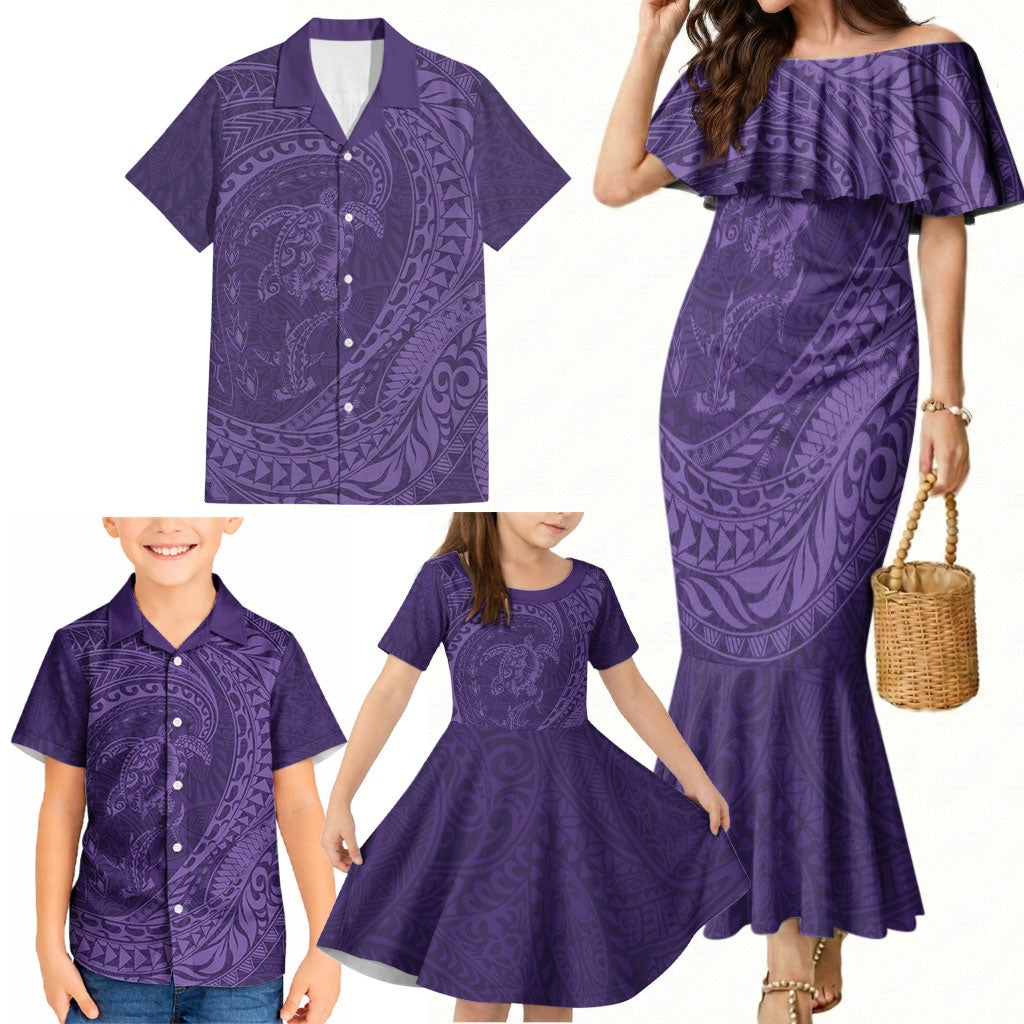 Hawaiian Turtle and Shark Family Matching Mermaid Dress and Hawaiian Shirt Kakau Tribal with Polynesian Pattern Purple Color
