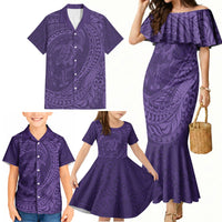 Hawaiian Turtle and Shark Family Matching Mermaid Dress and Hawaiian Shirt Kakau Tribal with Polynesian Pattern Purple Color