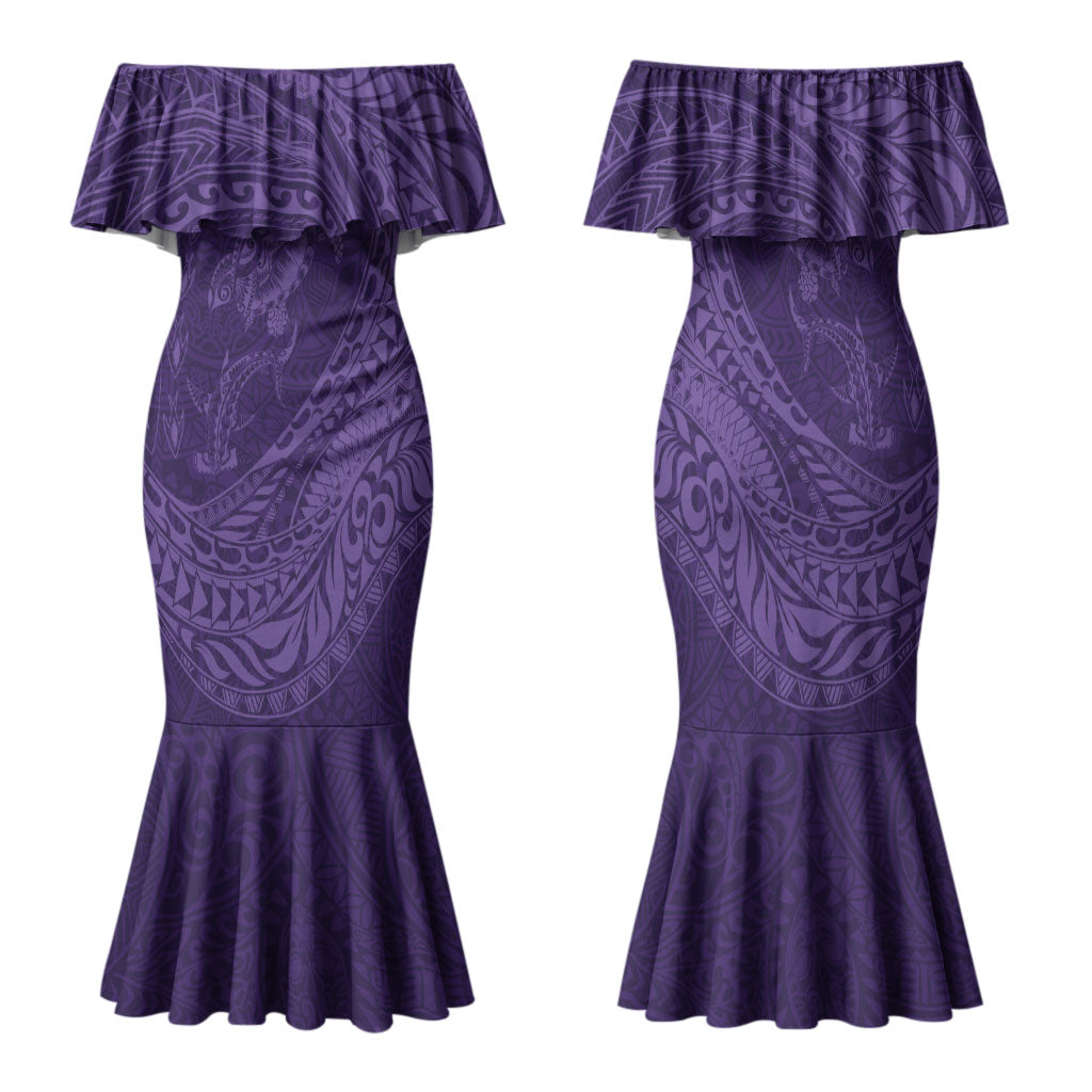 Hawaiian Turtle and Shark Family Matching Mermaid Dress and Hawaiian Shirt Kakau Tribal with Polynesian Pattern Purple Color