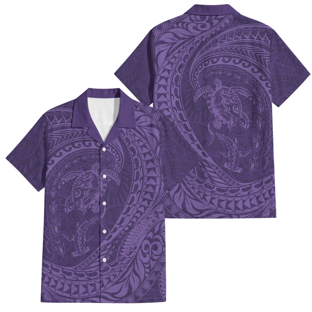 Hawaiian Turtle and Shark Family Matching Mermaid Dress and Hawaiian Shirt Kakau Tribal with Polynesian Pattern Purple Color