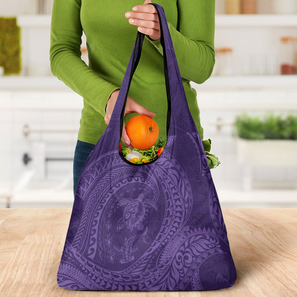 Hawaiian Turtle and Shark Grocery Bag Kakau Tribal with Polynesian Pattern Purple Color
