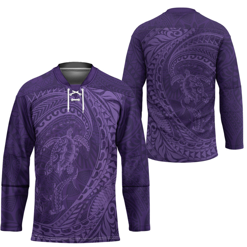Hawaiian Turtle and Shark Hockey Jersey Kakau Tribal with Polynesian Pattern Purple Color LT03 - Polynesian Pride