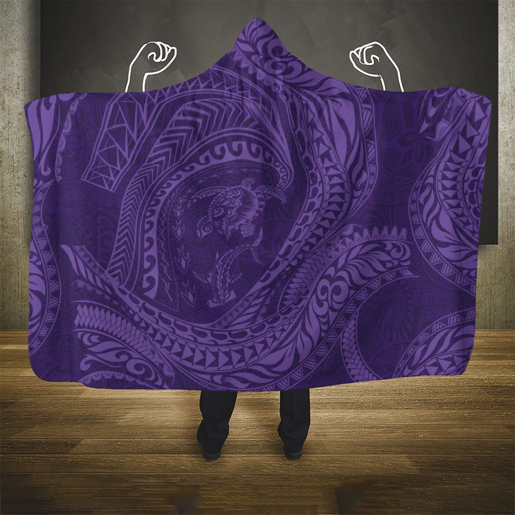 Hawaiian Turtle and Shark Hooded Blanket Kakau Tribal with Polynesian Pattern Purple Color