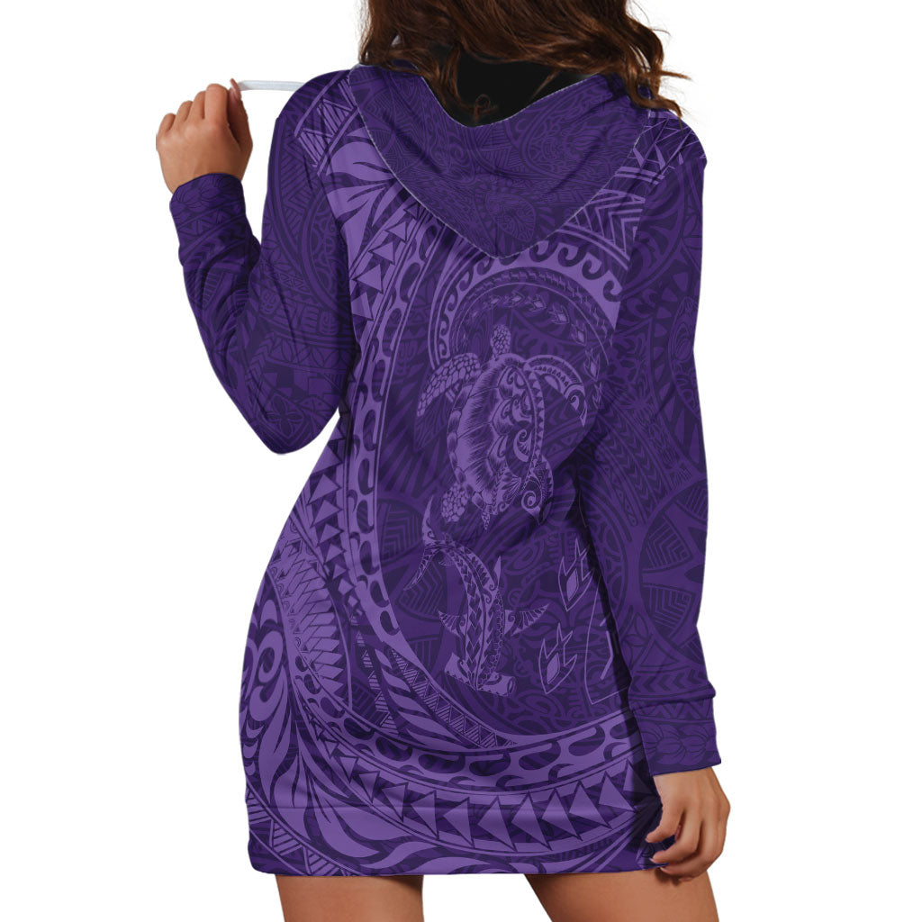 Hawaiian Turtle and Shark Hoodie Dress Kakau Tribal with Polynesian Pattern Purple Color