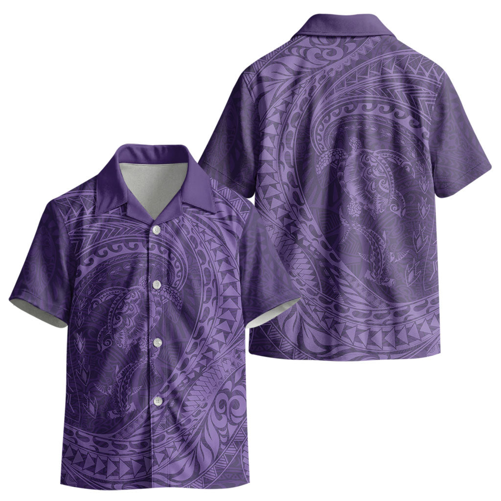 Hawaiian Turtle and Shark Kid Hawaiian Shirt Kakau Tribal with Polynesian Pattern Purple Color