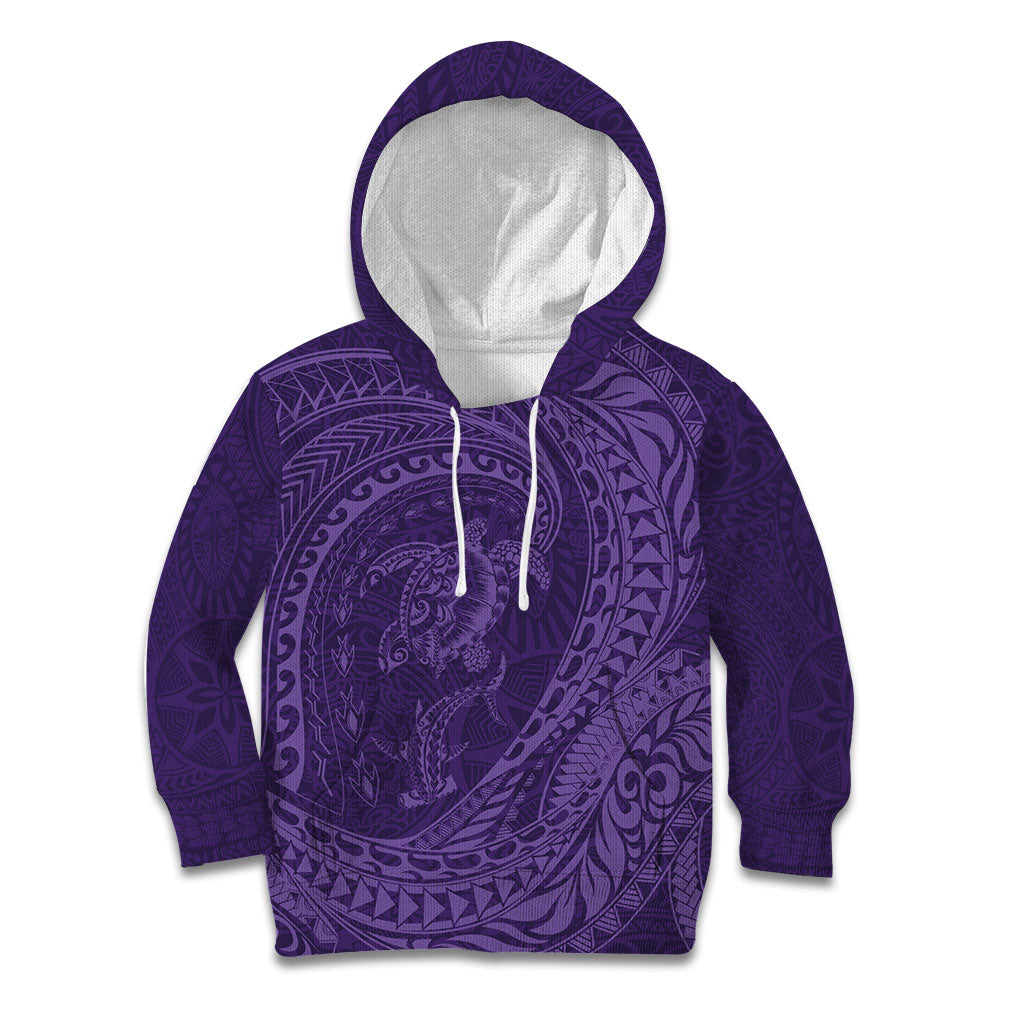 Hawaiian Turtle and Shark Kid Hoodie Kakau Tribal with Polynesian Pattern Purple Color