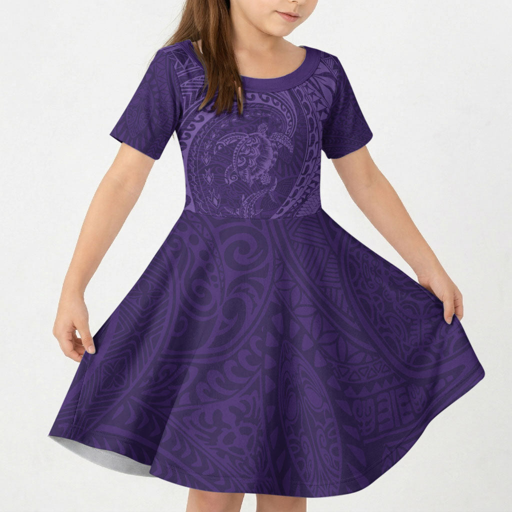 Hawaiian Turtle and Shark Kid Short Sleeve Dress Kakau Tribal with Polynesian Pattern Purple Color