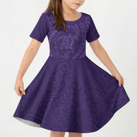 Hawaiian Turtle and Shark Kid Short Sleeve Dress Kakau Tribal with Polynesian Pattern Purple Color