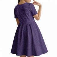 Hawaiian Turtle and Shark Kid Short Sleeve Dress Kakau Tribal with Polynesian Pattern Purple Color