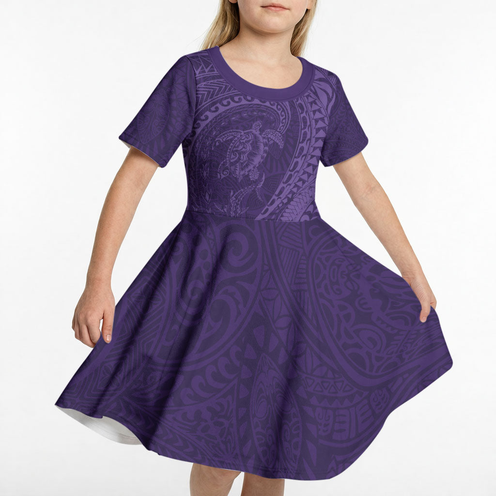 Hawaiian Turtle and Shark Kid Short Sleeve Dress Kakau Tribal with Polynesian Pattern Purple Color