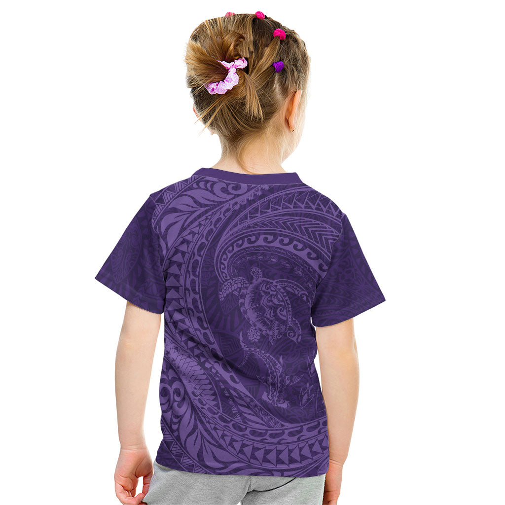 Hawaiian Turtle and Shark Kid T Shirt Kakau Tribal with Polynesian Pattern Purple Color