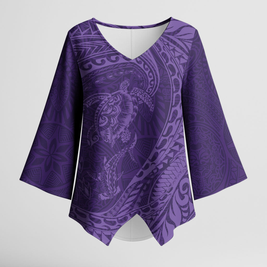 Hawaiian Turtle and Shark Kimono Sleeve Blouse Kakau Tribal with Polynesian Pattern Purple Color